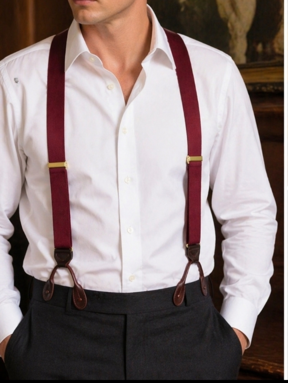 Vintage Silk Suspenders Made in England Burgundy Leather Button Braces